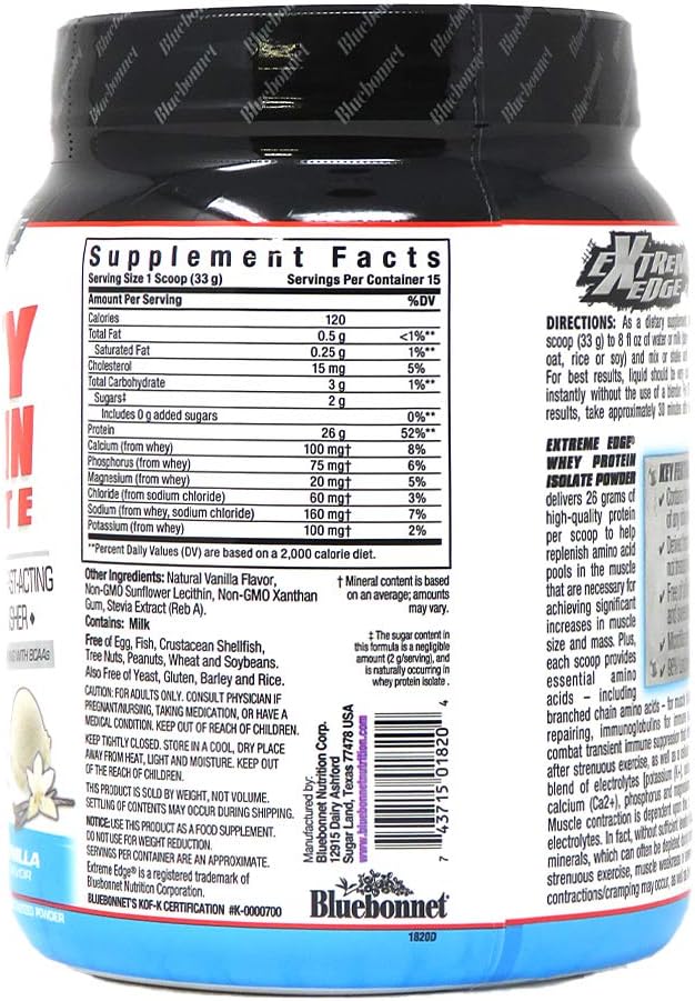 Bluebonnet Nutrition Extreme Edge Vanilla Whey Protein Isolate Powder - Grass Fed, 26g Protein, Non GMO, Gluten Free, Kosher Dairy - 1lb