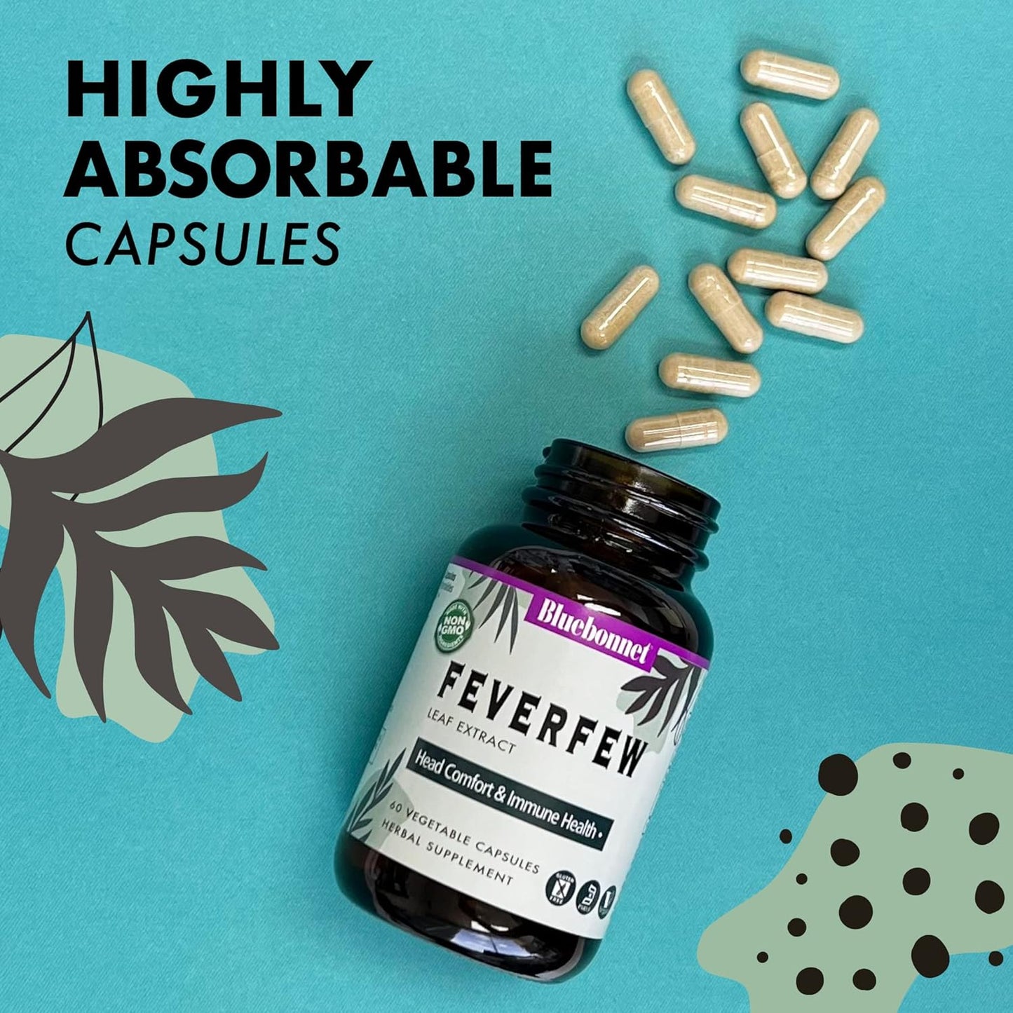 Bluebonnet Nutrition Feverfew Leaf Extract Capsules - Immune & Head Comfort Support - Gluten-Free, Soy-Free, Kosher, Non-GMO, Vegan - 60 Servings