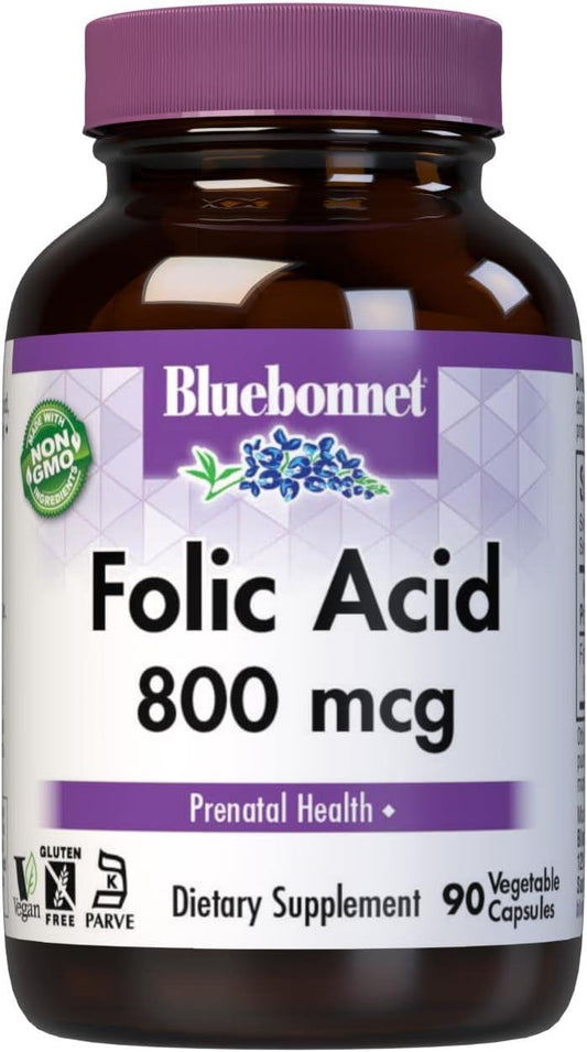 BlueBonnet Nutrition Folic Acid 800mcg Capsules for Healthy Neurological Development, Non-GMO, Soy-Free, Gluten-Free, Dairy-Free Vegan Formula - 90 ct.