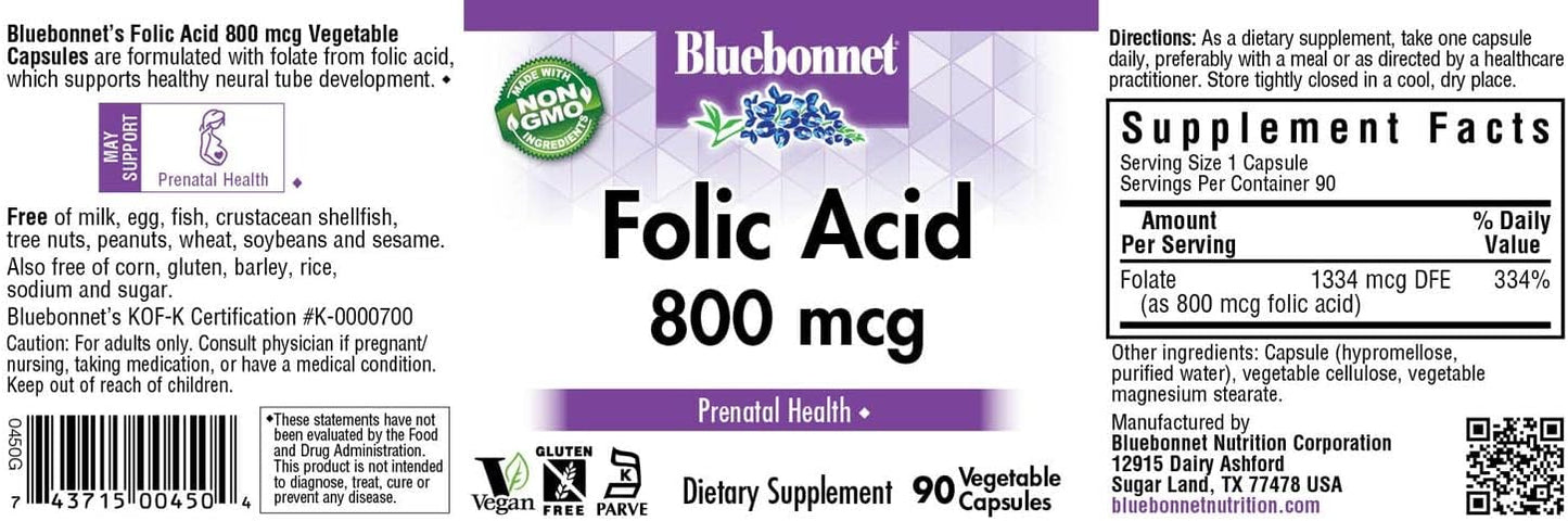BlueBonnet Nutrition Folic Acid 800mcg Capsules for Healthy Neurological Development, Non-GMO, Soy-Free, Gluten-Free, Dairy-Free Vegan Formula - 90 ct.