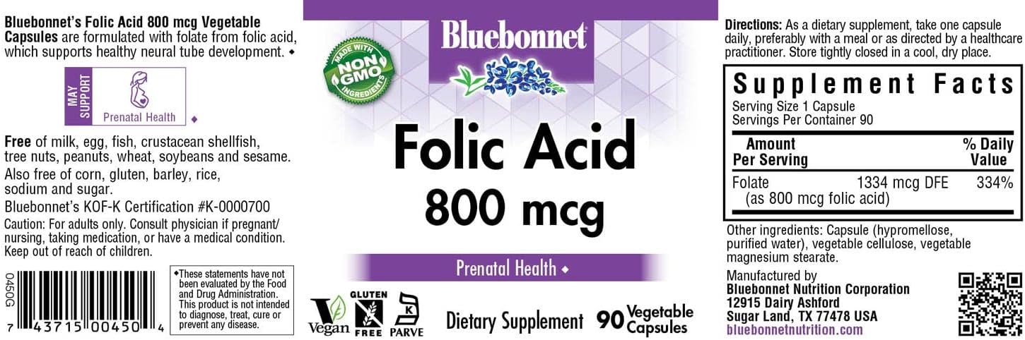BlueBonnet Nutrition Folic Acid 800mcg Capsules for Healthy Neurological Development, Non-GMO, Soy-Free, Gluten-Free, Dairy-Free Vegan Formula - 90 ct.