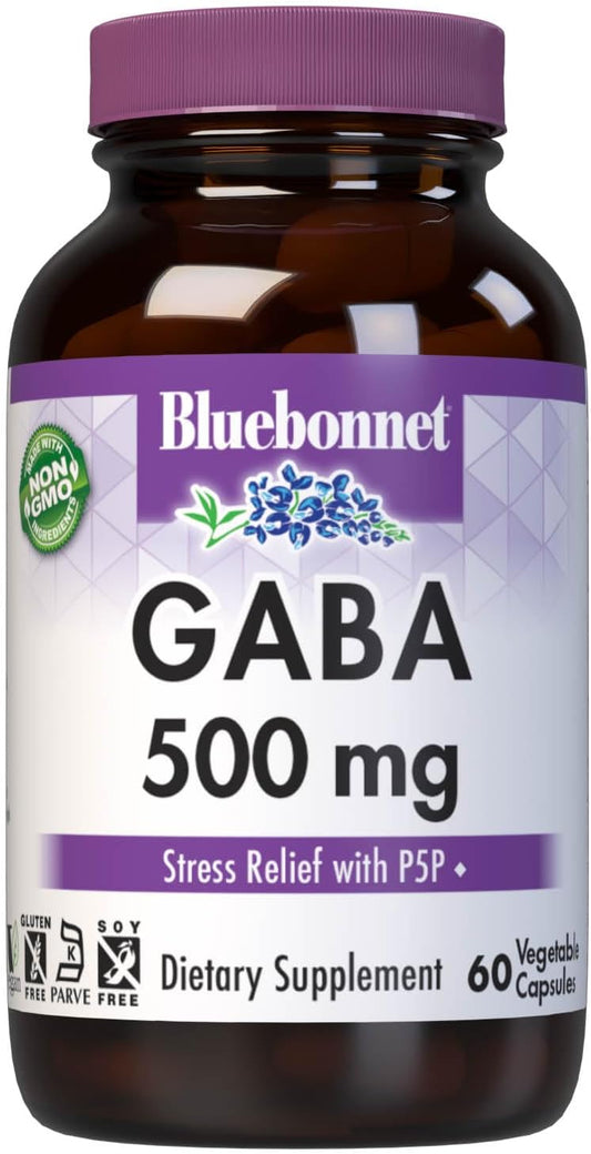 Bluebonnet Nutrition GABA 500mg Capsules - Stress Relief & Relaxation Support - Kosher, Vegan, Gluten-Free, Soy-Free, Non-GMO - 60 Count