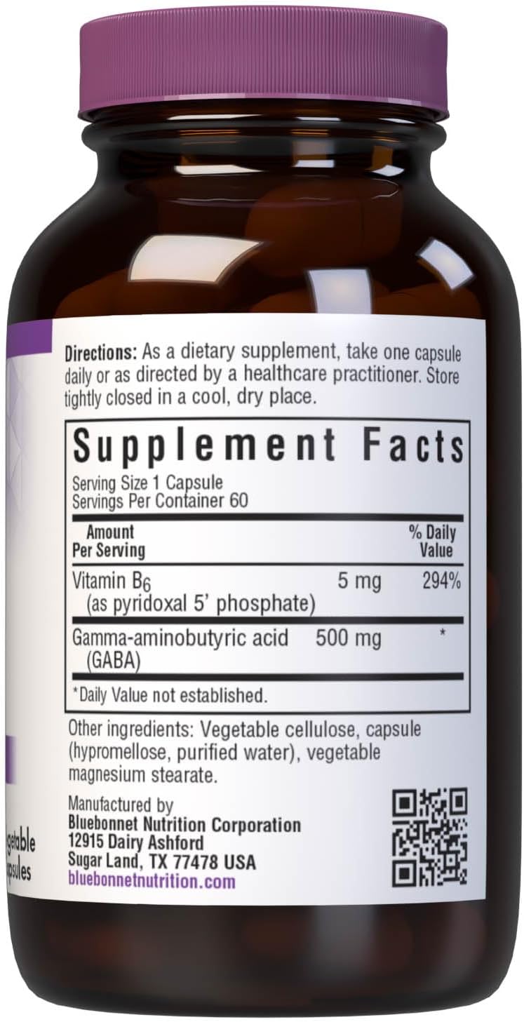 Bluebonnet Nutrition GABA 500mg Capsules - Stress Relief & Relaxation Support - Kosher, Vegan, Gluten-Free, Soy-Free, Non-GMO - 60 Count