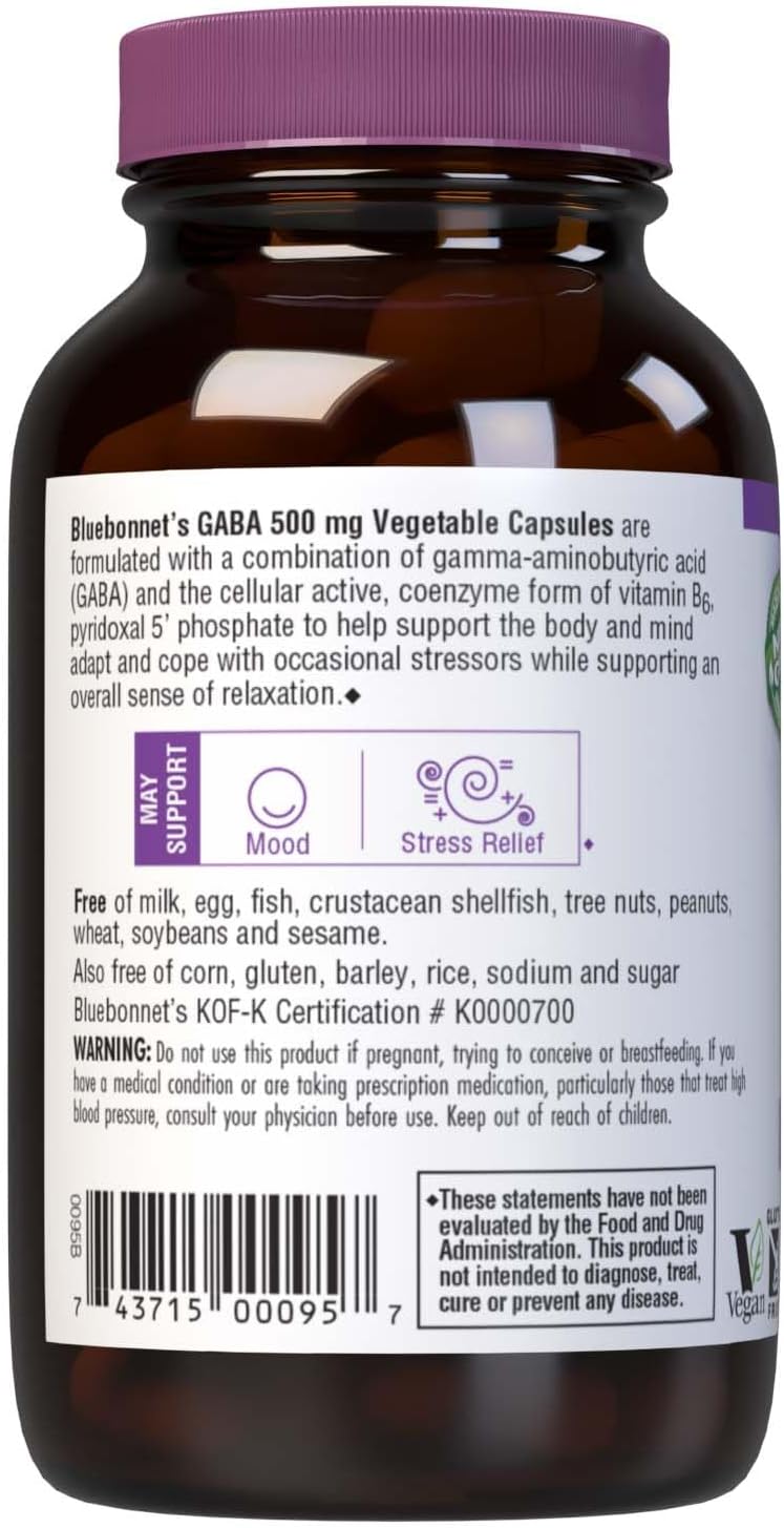 Bluebonnet Nutrition GABA 500mg Capsules - Stress Relief & Relaxation Support - Kosher, Vegan, Gluten-Free, Soy-Free, Non-GMO - 60 Count