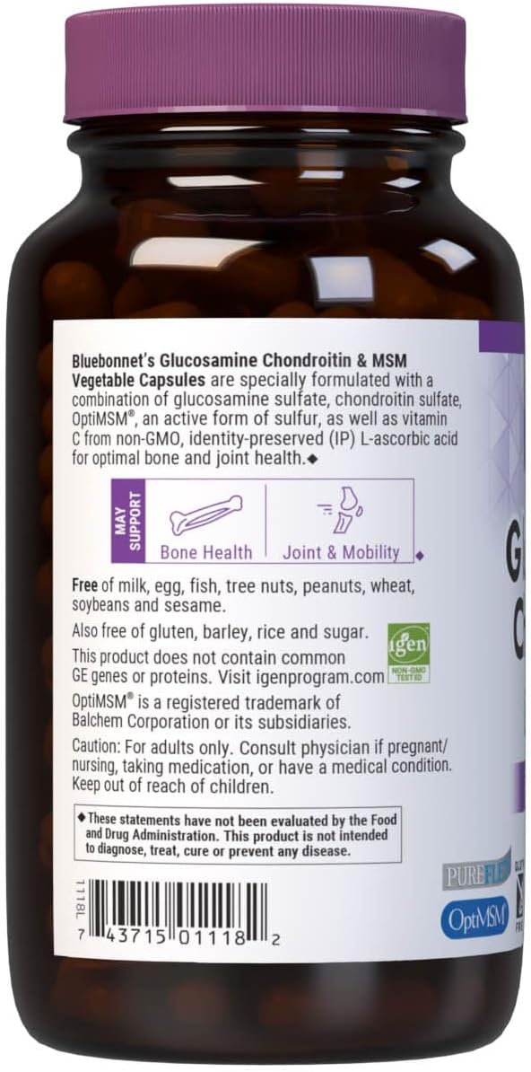 Bluebonnet Nutrition Glucosamine Chondroitin MSM Capsules, Bone & Joint Health Support, Non-GMO, Gluten-Free, Dairy-Free, 120 Count
