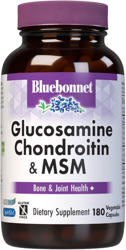 Bluebonnet Nutrition Glucosamine Chondroitin Plus MSM - Bone & Joint Health Supplement - 180 Vegetable Capsules, Non GMO & Gluten Free