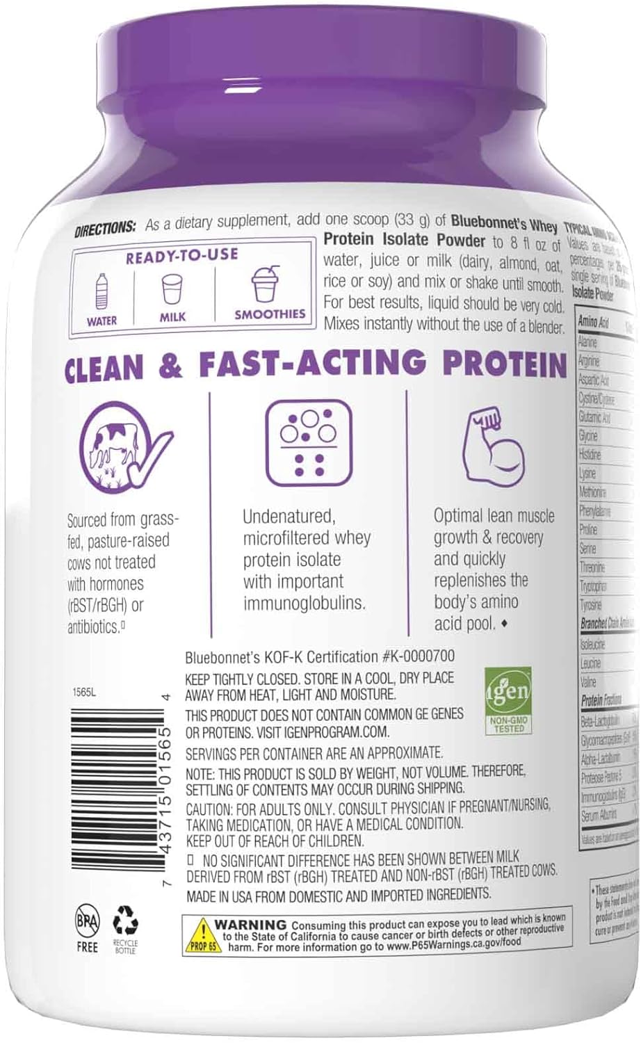 BlueBonnet Nutrition Grass Fed Whey Protein Isolate Powder - French Vanilla Flavor, 26g Protein, No Sugar, Gluten & Soy Free - 2 Lbs