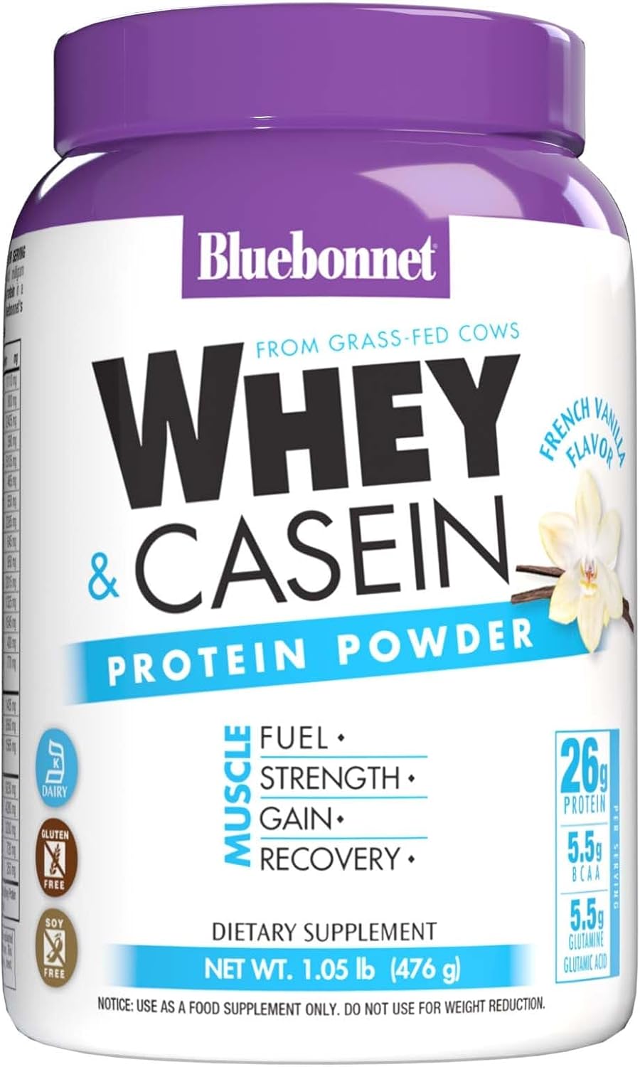 Bluebonnet Nutrition Grass Fed Whey Protein Powder, French Vanilla Flavor, Non GMO, Gluten & Soy Free, Kosher Dairy - 16.8 Oz