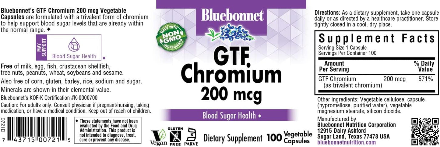 Bluebonnet Nutrition GTF Chromium 200 mcg Capsules - 100 Count Bottle