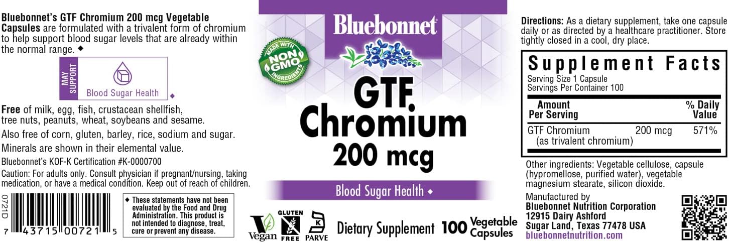 Bluebonnet Nutrition GTF Chromium 200 mcg Capsules - 100 Count Bottle