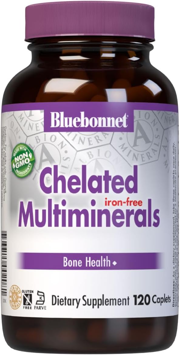 Bluebonnet Nutrition High Potency Chelated Multiminerals - Iron-Free, Soy-Free, Gluten-Free, Non-GMO, Kosher Certified - 120 Caplets