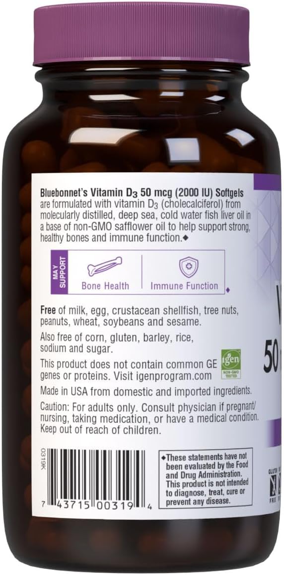 Bluebonnet Nutrition High Potency Vitamin D3 Softgels with Immune Support and Strong Bone Formula