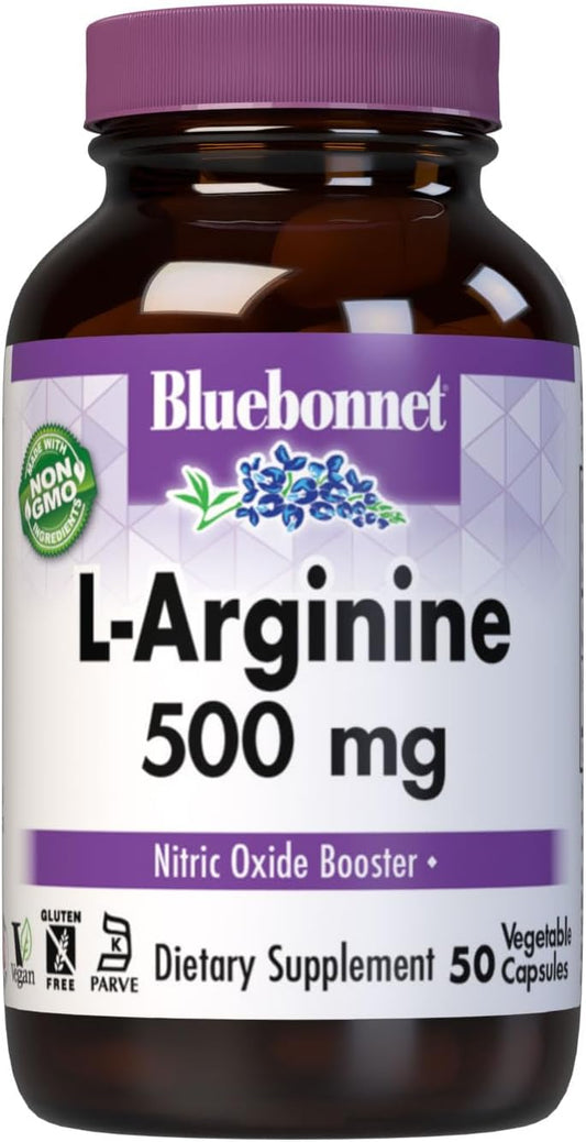 Bluebonnet Nutrition L-Arginine 500mg Capsules - Nitric Oxide Precursor, Non-GMO, Vegetarian, 50 Servings