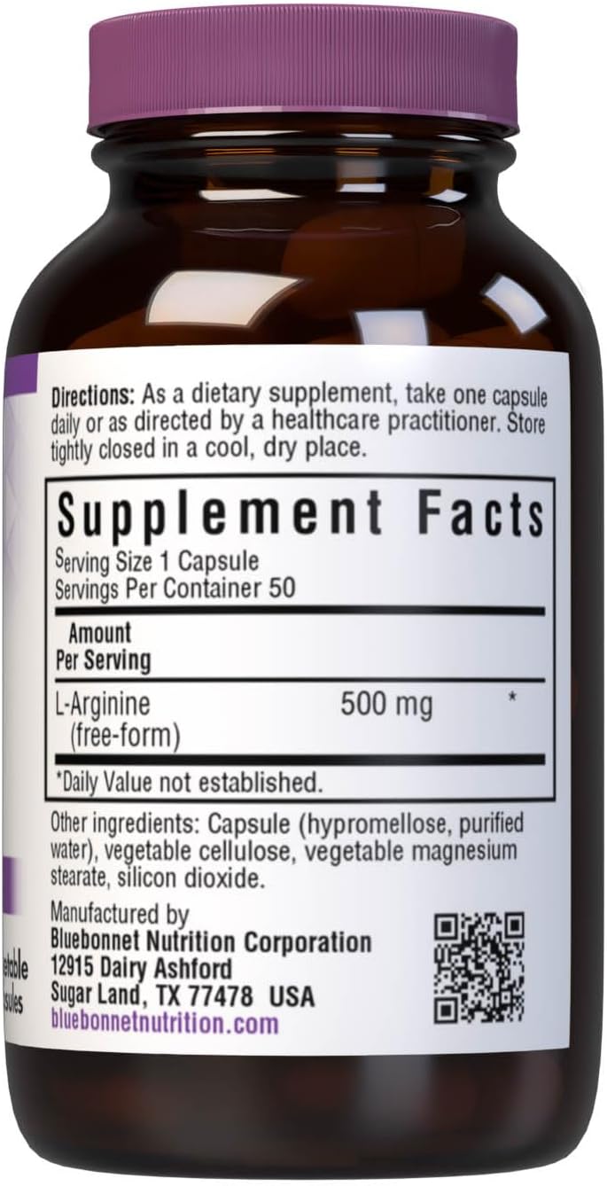 Bluebonnet Nutrition L-Arginine 500mg Capsules - Nitric Oxide Precursor, Non-GMO, Vegetarian, 50 Servings