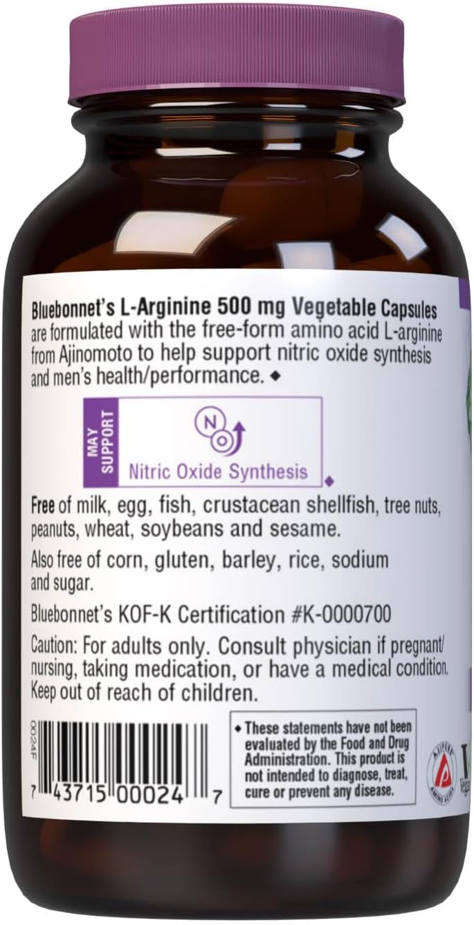 Bluebonnet Nutrition L-Arginine 500mg Capsules - Nitric Oxide Precursor, Non-GMO, Vegetarian, 50 Servings