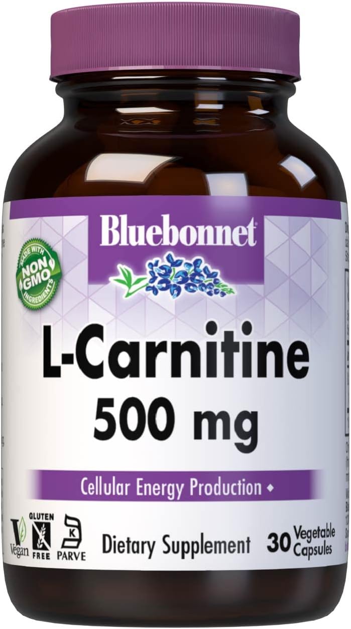 Bluebonnet Nutrition L-Carnitine 500mg Capsules - Fatty Acid Transport, Cellular Energy Boost - Soy-Free, Gluten-Free, Non-GMO, Kosher, Vegan - 30 Servings