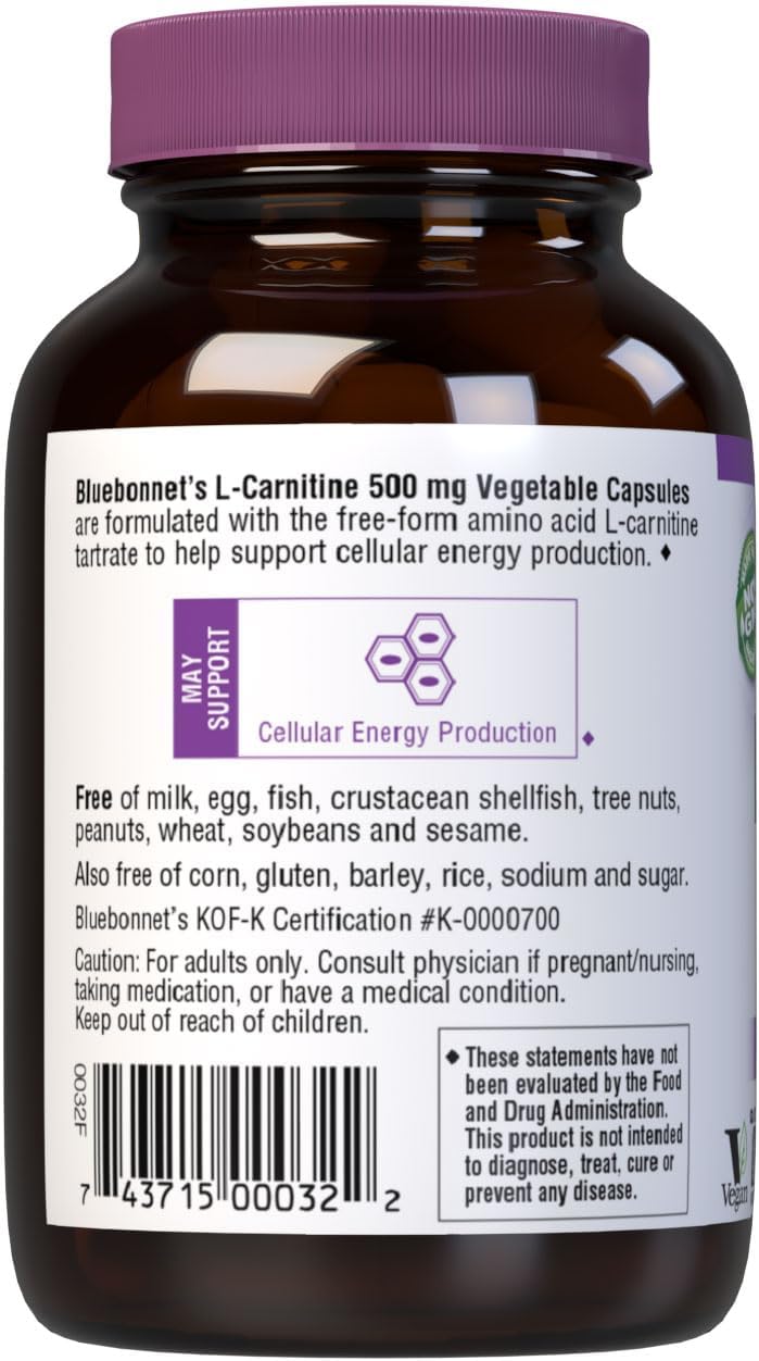 Bluebonnet Nutrition L-Carnitine 500mg Capsules - Fatty Acid Transport, Cellular Energy Boost - Soy-Free, Gluten-Free, Non-GMO, Kosher, Vegan - 30 Servings