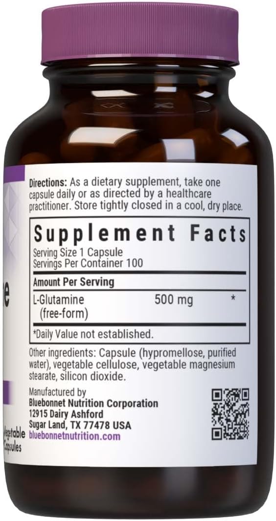 Bluebonnet Nutrition L-Glutamine 500mg Capsules - Immune Support, Nitrogen Transport - Vegan, Non-GMO, Gluten-Free, 100 Servings