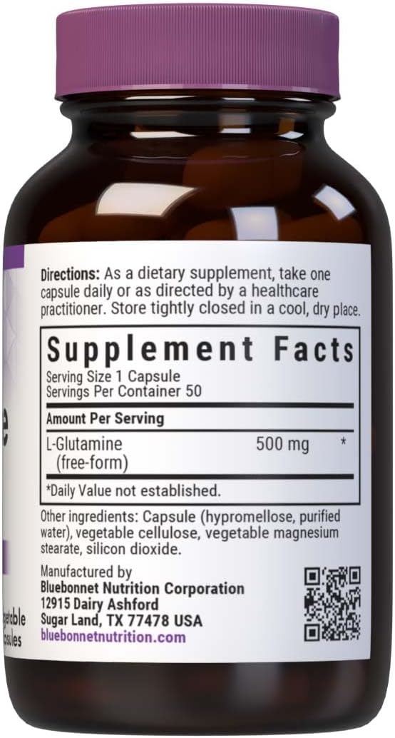 Bluebonnet Nutrition L-Glutamine 500mg Capsules - Immune Support, Nitrogen Transporter - Non-GMO, Kosher, Vegan - 50 Count
