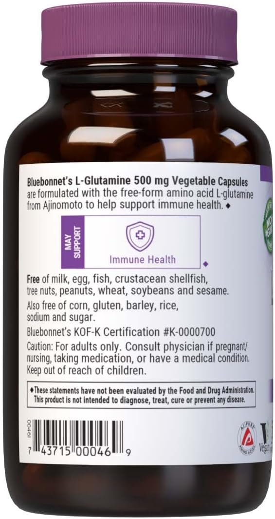 Bluebonnet Nutrition L-Glutamine 500mg Capsules - Immune Support, Nitrogen Transport - Vegan, Non-GMO, Gluten-Free, 100 Servings