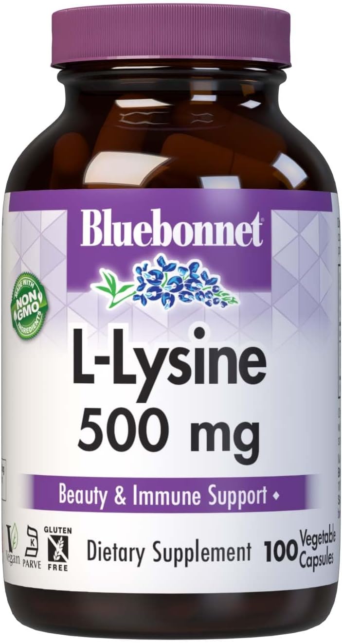 Bluebonnet Nutrition L-Lysine 500mg Capsules for Immune Health, Collagen Synthesis Support - Soy-Free, Gluten-Free, Non-GMO, Kosher, Vegan (100 Count)