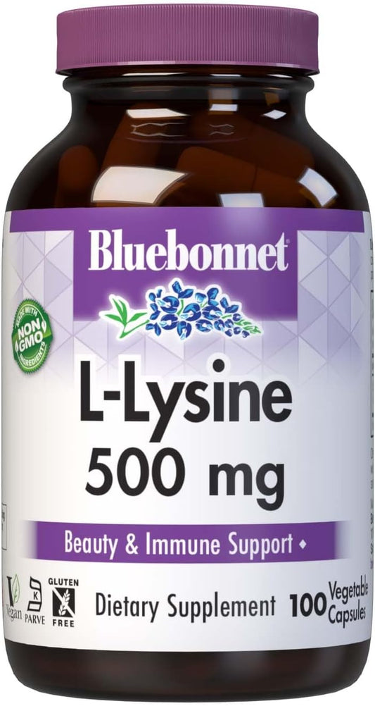 Bluebonnet Nutrition L-Lysine 500mg Capsules for Immune Health, Collagen Synthesis Support - Soy-Free, Gluten-Free, Non-GMO, Kosher, Vegan (100 Count)