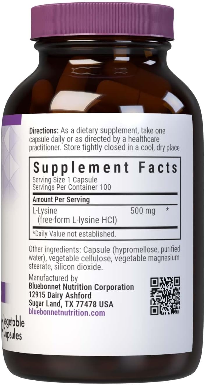 Bluebonnet Nutrition L-Lysine 500mg Capsules for Immune Health, Collagen Synthesis Support - Soy-Free, Gluten-Free, Non-GMO, Kosher, Vegan (100 Count)