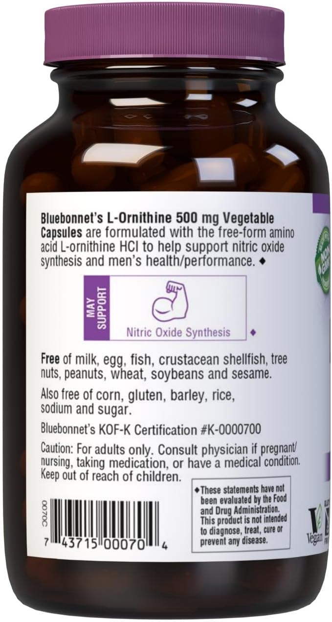 Bluebonnet Nutrition L-Ornithine 500mg Capsules - Non-GMO, Vegan, Soy-Free, Gluten-Free, 100 Servings