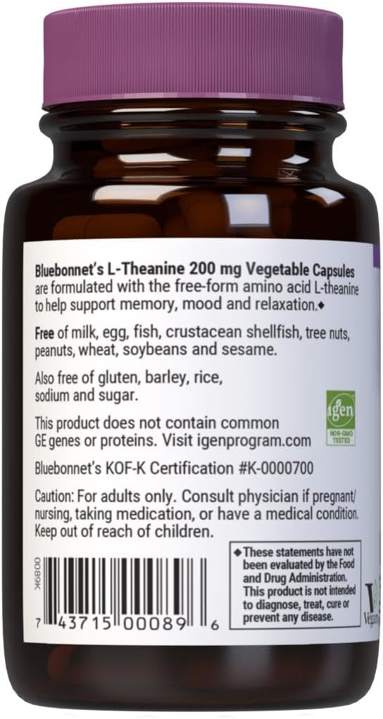 Bluebonnet Nutrition L-Theanine 200 mg Capsules - 30 Count Bottle