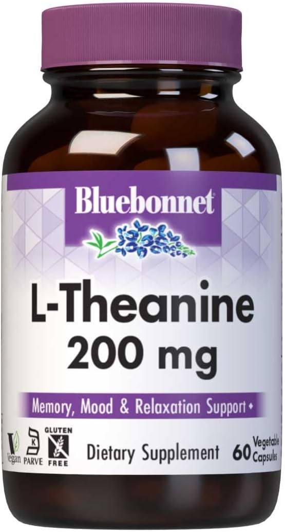 Bluebonnet Nutrition L-Theanine 200mg Capsules for Relaxation - Vegan, Non-GMO, Kosher Certified - 60 Servings