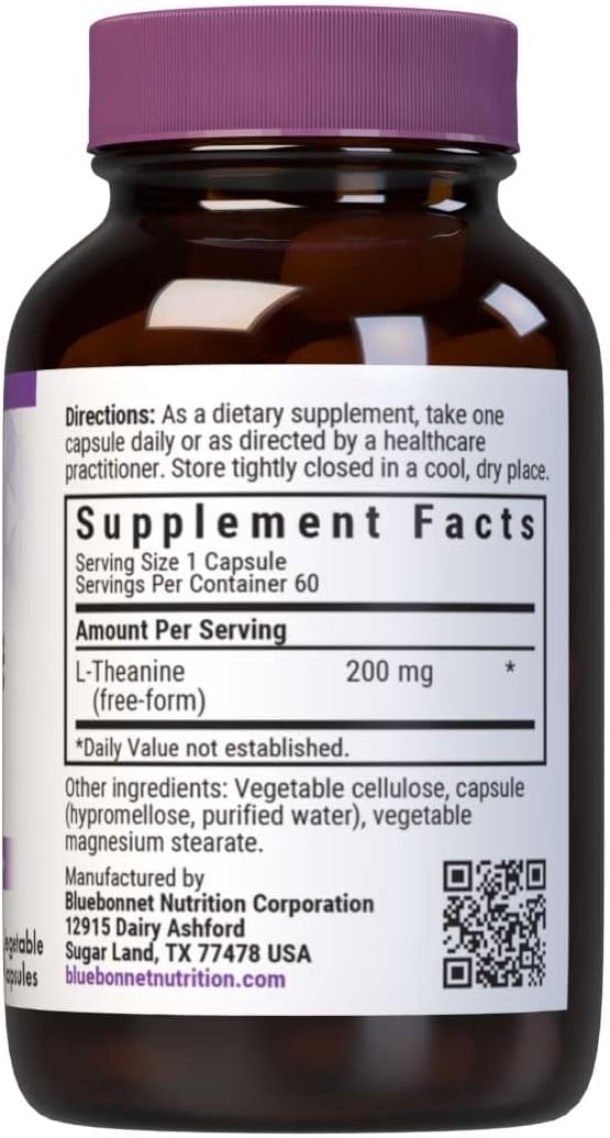 Bluebonnet Nutrition L-Theanine 200mg Capsules for Relaxation - Vegan, Non-GMO, Kosher Certified - 60 Servings
