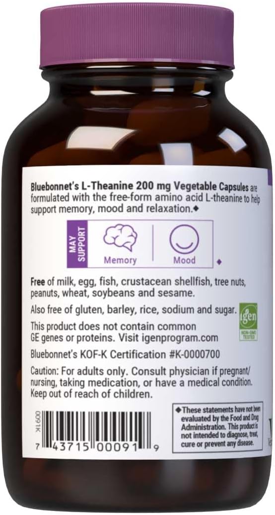 Bluebonnet Nutrition L-Theanine 200mg Capsules for Relaxation - Vegan, Non-GMO, Kosher Certified - 60 Servings