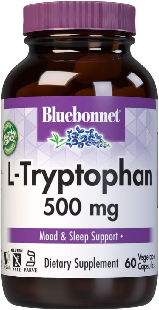 Bluebonnet Nutrition L-Tryptophan 500mg Capsules - Neurotransmitter & Mood Support - Soy-Free, Gluten-Free, Non-GMO, Kosher, Vegan - 60 Servings