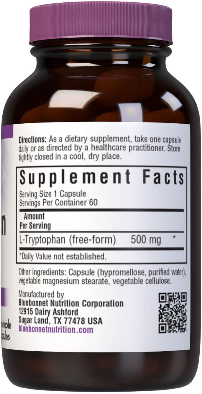 Bluebonnet Nutrition L-Tryptophan 500mg Capsules - Neurotransmitter & Mood Support - Soy-Free, Gluten-Free, Non-GMO, Kosher, Vegan - 60 Servings