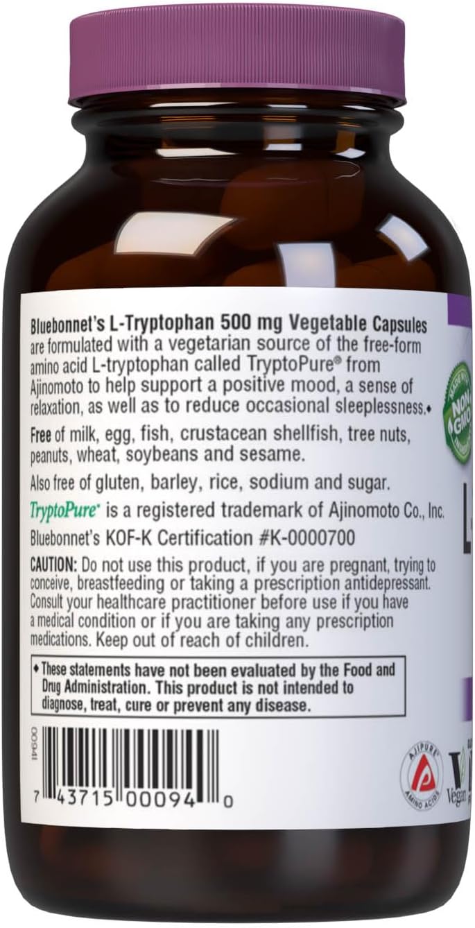 Bluebonnet Nutrition L-Tryptophan 500mg Capsules - Neurotransmitter & Mood Support - Soy-Free, Gluten-Free, Non-GMO, Kosher, Vegan - 60 Servings