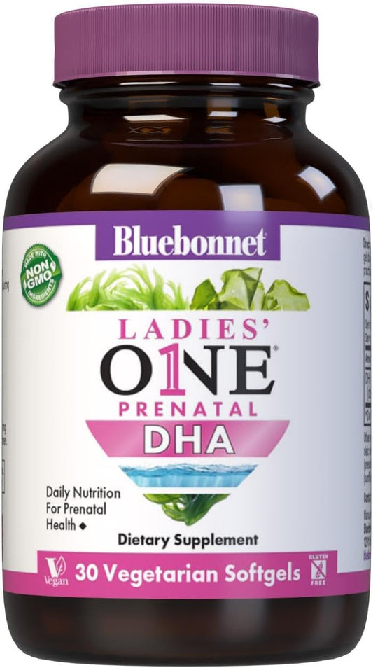 Bluebonnet Nutrition Ladies' One Prenatal DHA Softgels - Vegan, Non-GMO, Gluten-Free - Daily Nutrition for Prenatal Health - 30 Servings