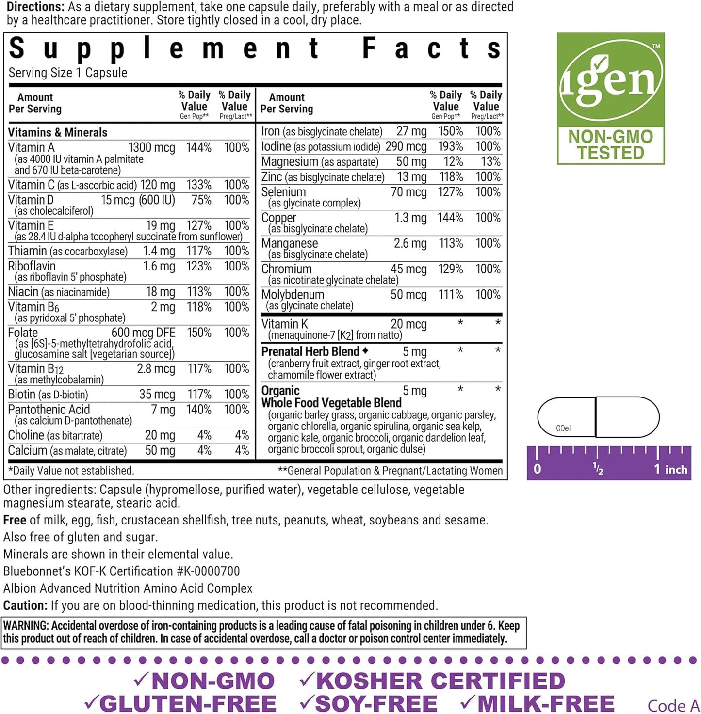 Bluebonnet Nutrition Ladies' One Prenatal Whole Food-Based Multiple - 30 Vegetable Capsules