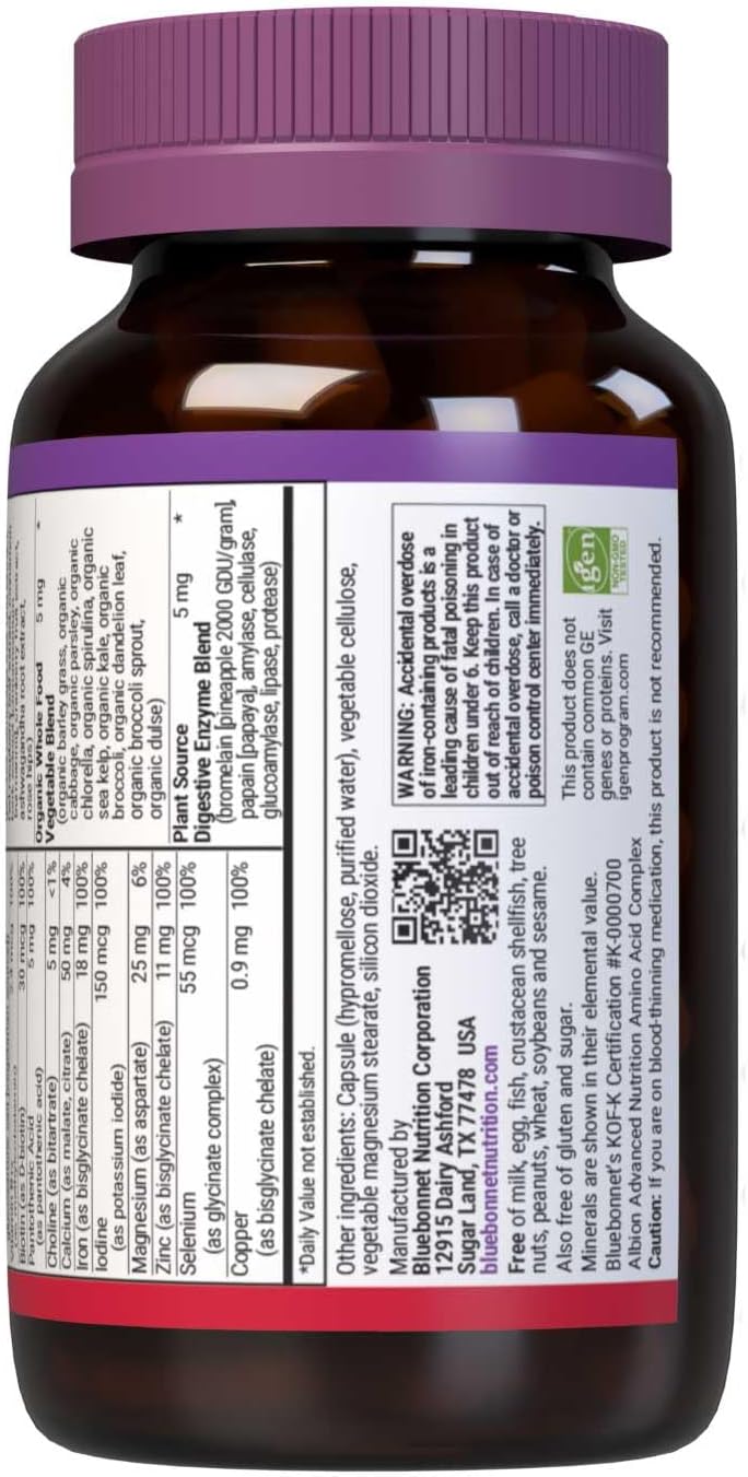 BlueBonnet Nutrition Ladies One Whole Food Multiple Capsules - Organic, Non-GMO, Gluten Free, Soy Free, Kosher - Energy & Vitality Boost - 60 Capsules, 2 Month Supply