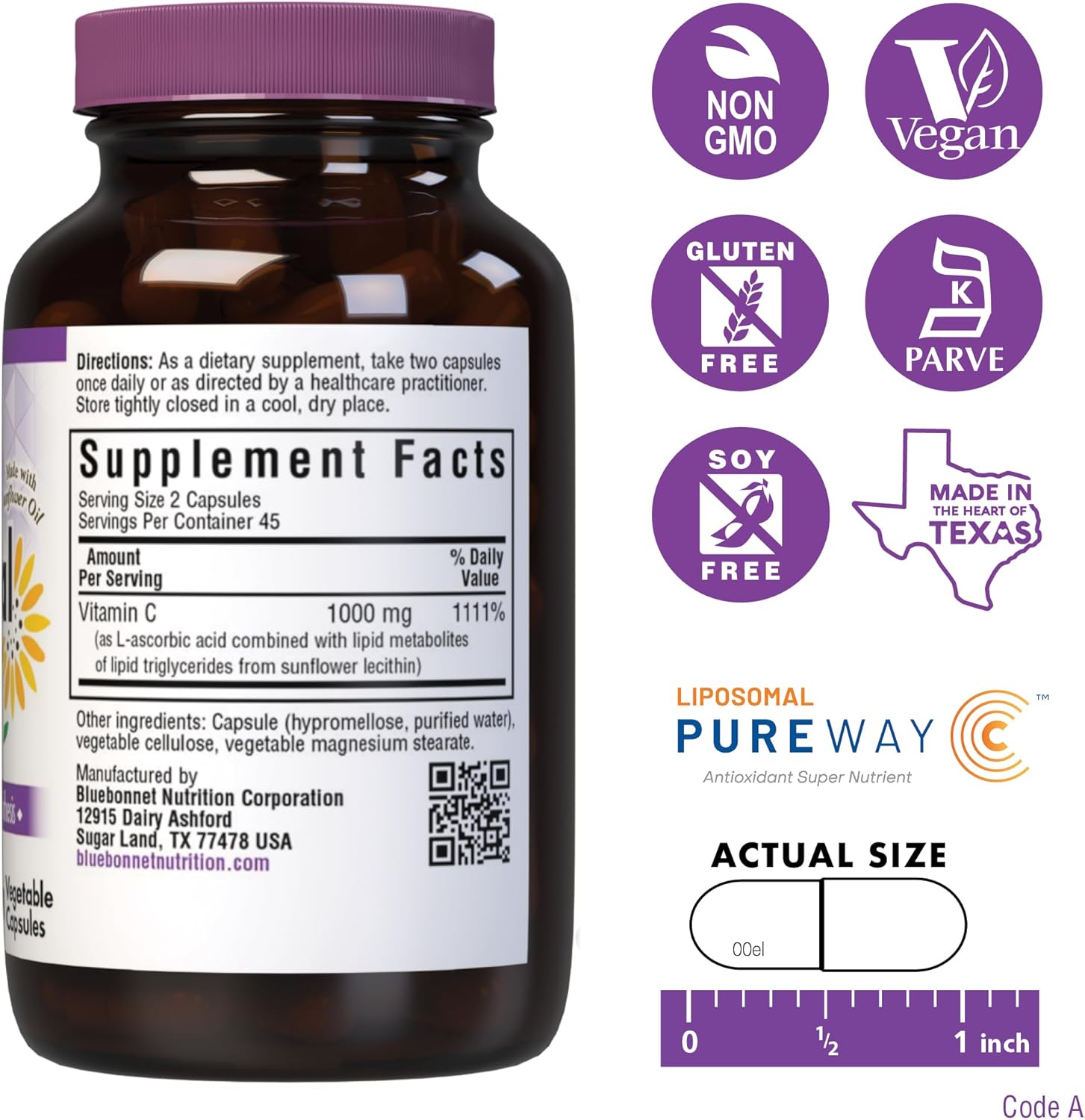 Bluebonnet Nutrition Liposomal Vitamin C 1000mg Capsules for Immune & Joint Health - Vegan, Kosher, Non-GMO, Gluten-Free, 180 ct.