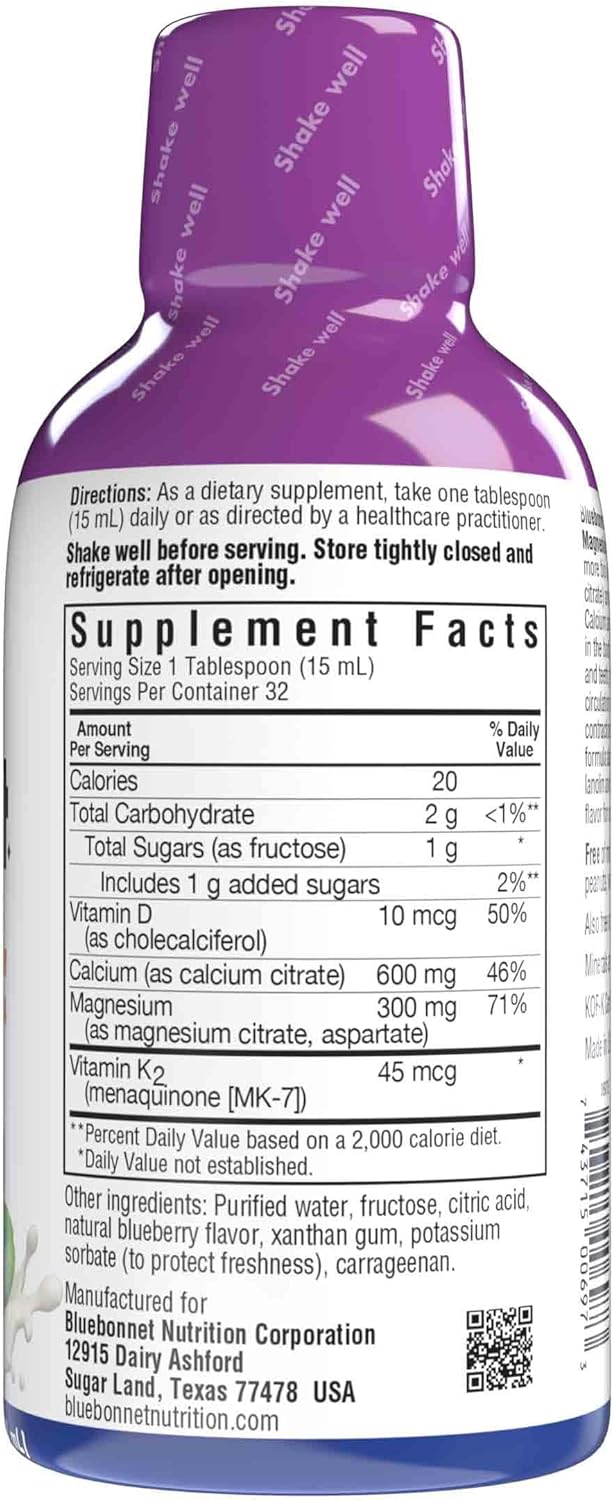 Bluebonnet Nutrition Liquid Bone Support with Calcium, Magnesium, Vitamin D3, K2 - Blueberry Flavor - Non-GMO, Gluten-Free, Soy-Free, Kosher - 32 Servings, 16 Fl Oz