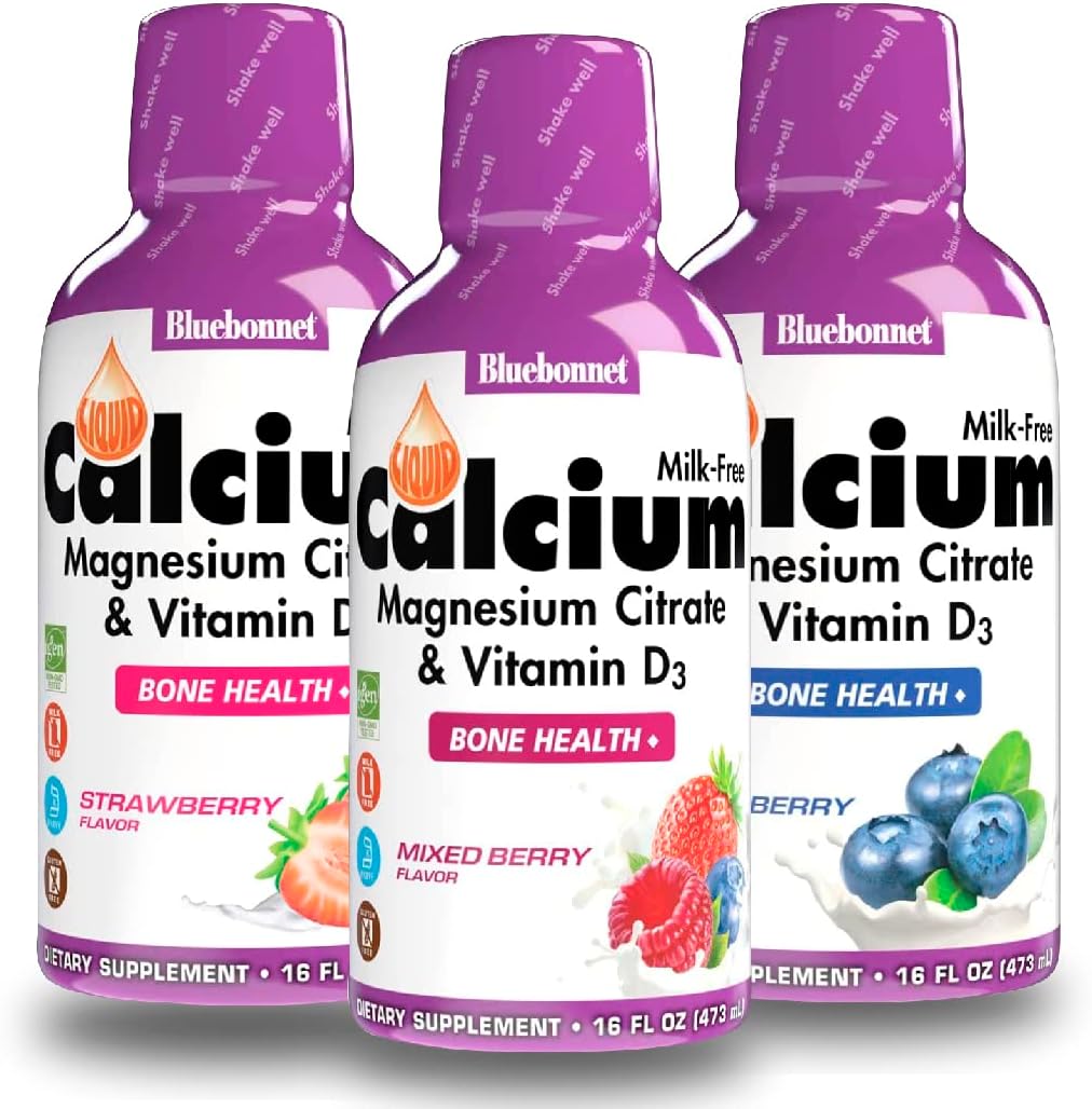 Bluebonnet Nutrition Liquid Calcium Citrate Magnesium Citrate, Vitamin D3 - Blueberry, Strawberry, & Mixed Berry Flavors, 3 Bottles, 48 Fl Oz