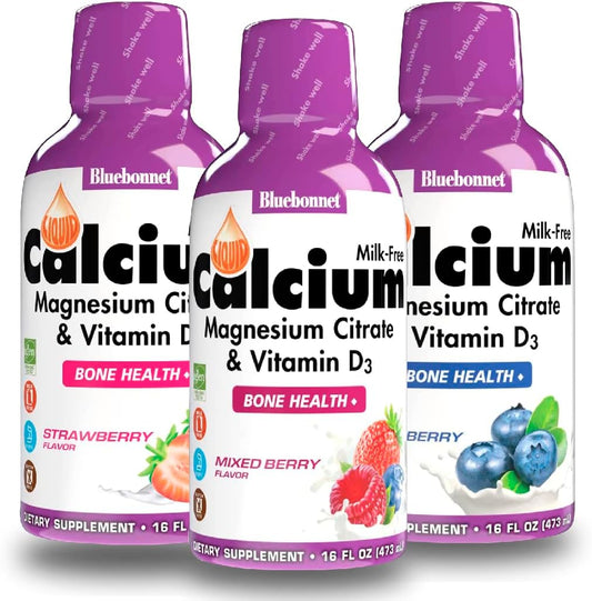 Bluebonnet Nutrition Liquid Calcium Citrate Magnesium Citrate, Vitamin D3 - Blueberry, Strawberry, & Mixed Berry Flavors, 3 Bottles, 48 Fl Oz