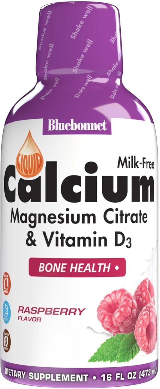 Bluebonnet Nutrition Liquid Calcium Citrate Magnesium Citrate with Vitamin D3 for Bone Health, Raspberry Flavor, 16 Fl Oz