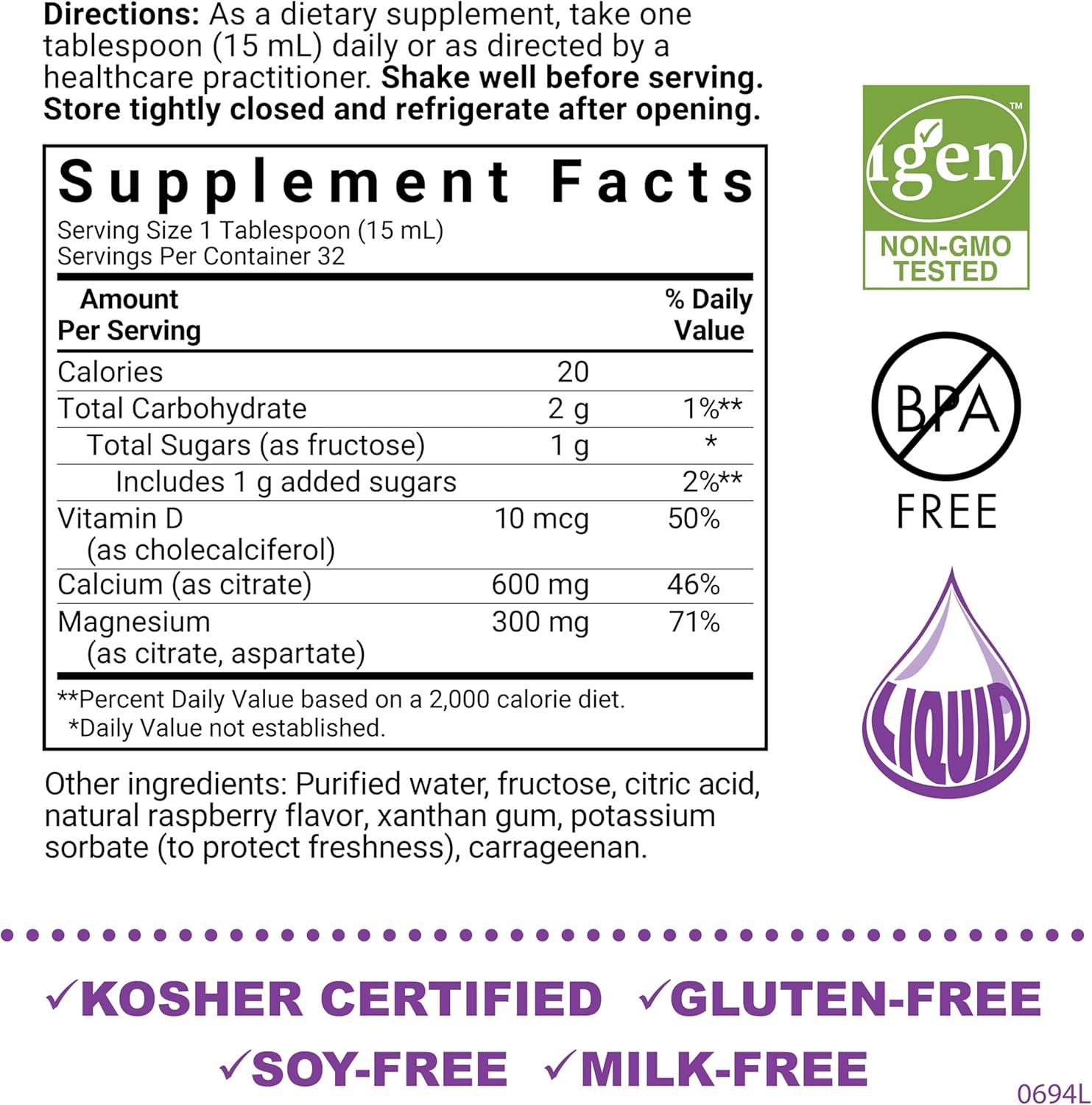 Bluebonnet Nutrition Liquid Calcium Citrate Magnesium Citrate with Vitamin D3 for Bone Health, Raspberry Flavor, 16 Fl Oz
