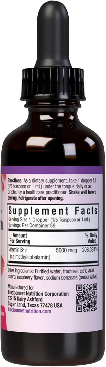 BlueBonnet Nutrition Liquid Methylcobalamin Supplement, Raspberry Flavor, 2 Fl Oz - 1 Pack