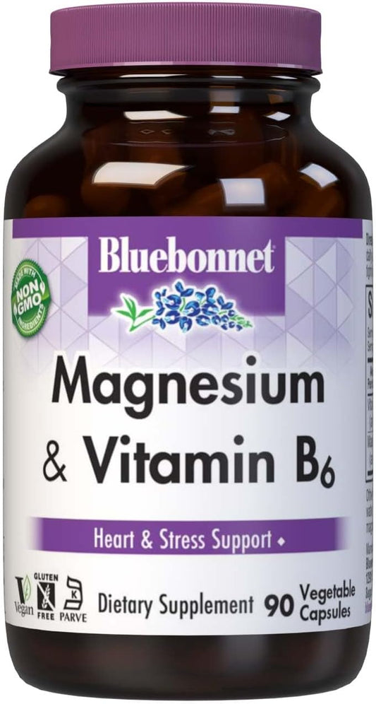Bluebonnet Nutrition Magnesium & B6 Capsules - 400mg Magnesium Oxide & Aspartate + Vitamin B6 - Heart & Brain Support for Men & Women - Non-GMO & Vegan - 90 Capsules