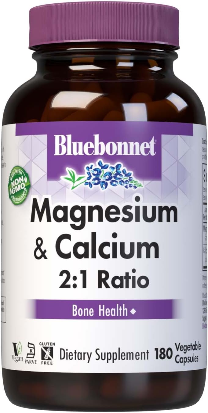 Bluebonnet Nutrition Magnesium & Calcium 2:1 Ratio - Bone Health Support - Non-GMO, Vegan, Kosher, Gluten/Soy/Dairy-Free - 180 Capsules