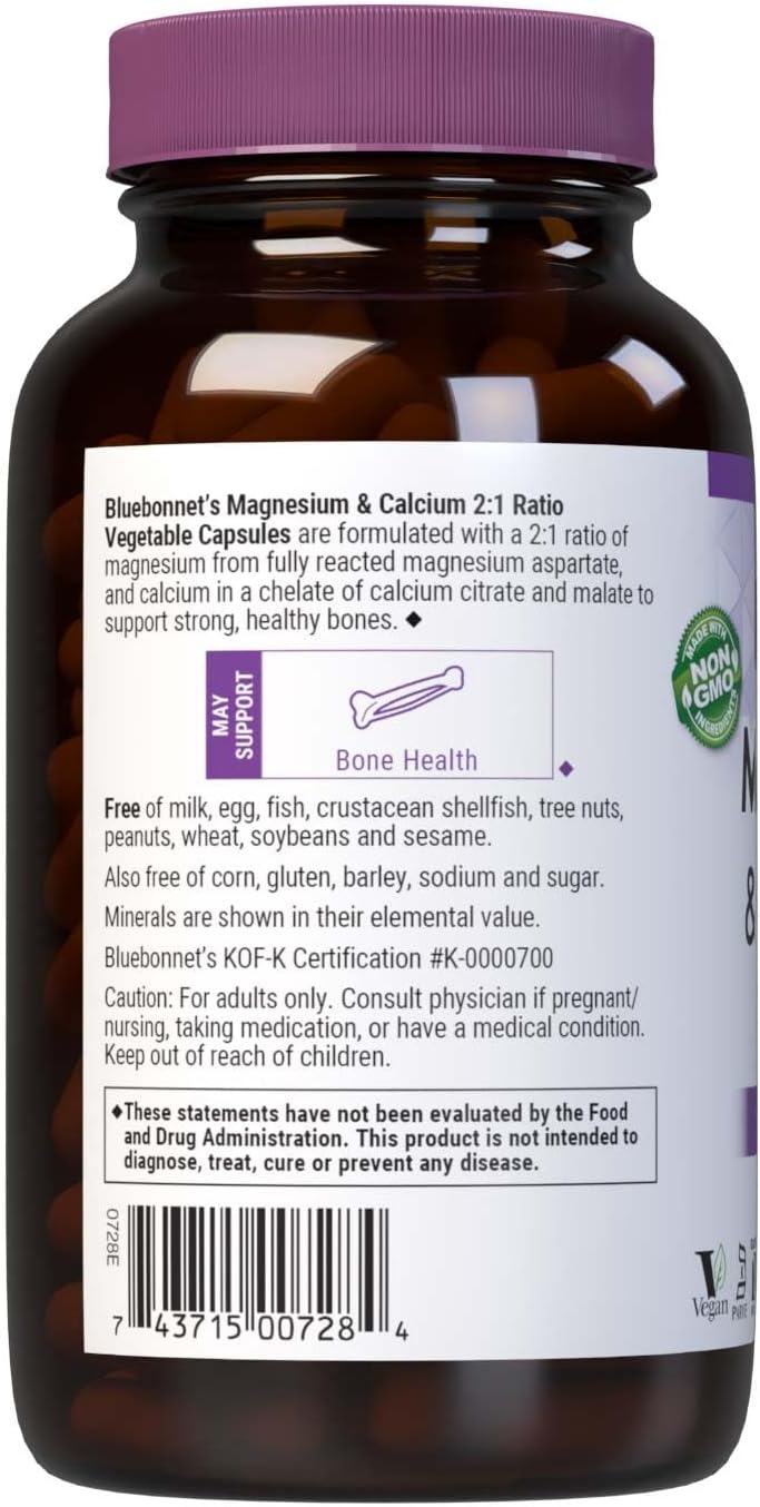 Bluebonnet Nutrition Magnesium & Calcium 2:1 Ratio - Bone Health Support - Non-GMO, Vegan, Kosher, Gluten/Soy/Dairy-Free - 180 Capsules