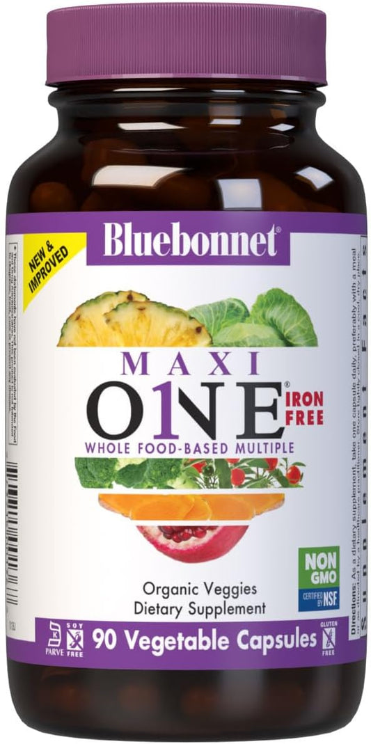Bluebonnet Nutrition Maxi One Whole Food Multi with Enzymes for Energy & Vitality, Iron-Free, Gluten-Free, Soy-Free, Green-Free, Kosher, Vegetarian, Non-GMO - 90 Count