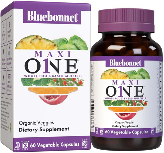 Bluebonnet Nutrition Maxi One Whole Food Multiple with Iron, Enzymes, Energy, Vitality - 60 Count, Non-GMO, Gluten/Dairy/Soy Free